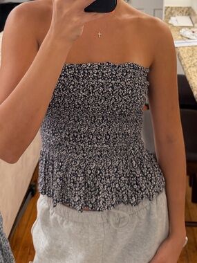American Eagle Smocked Strapless Floral Peplum Top - navy and white